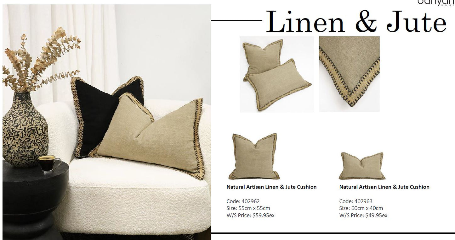 Natural Square Artisan Linen & Jute Cushion With Microfiber Fill 55X55CM
