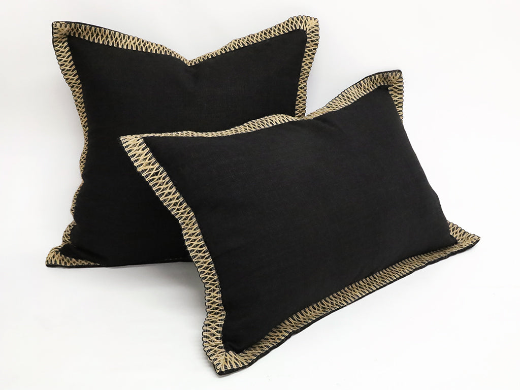 Black Rectangular Artisan Linen & Jute Cushion With Microfiber Fill 60 x40cm