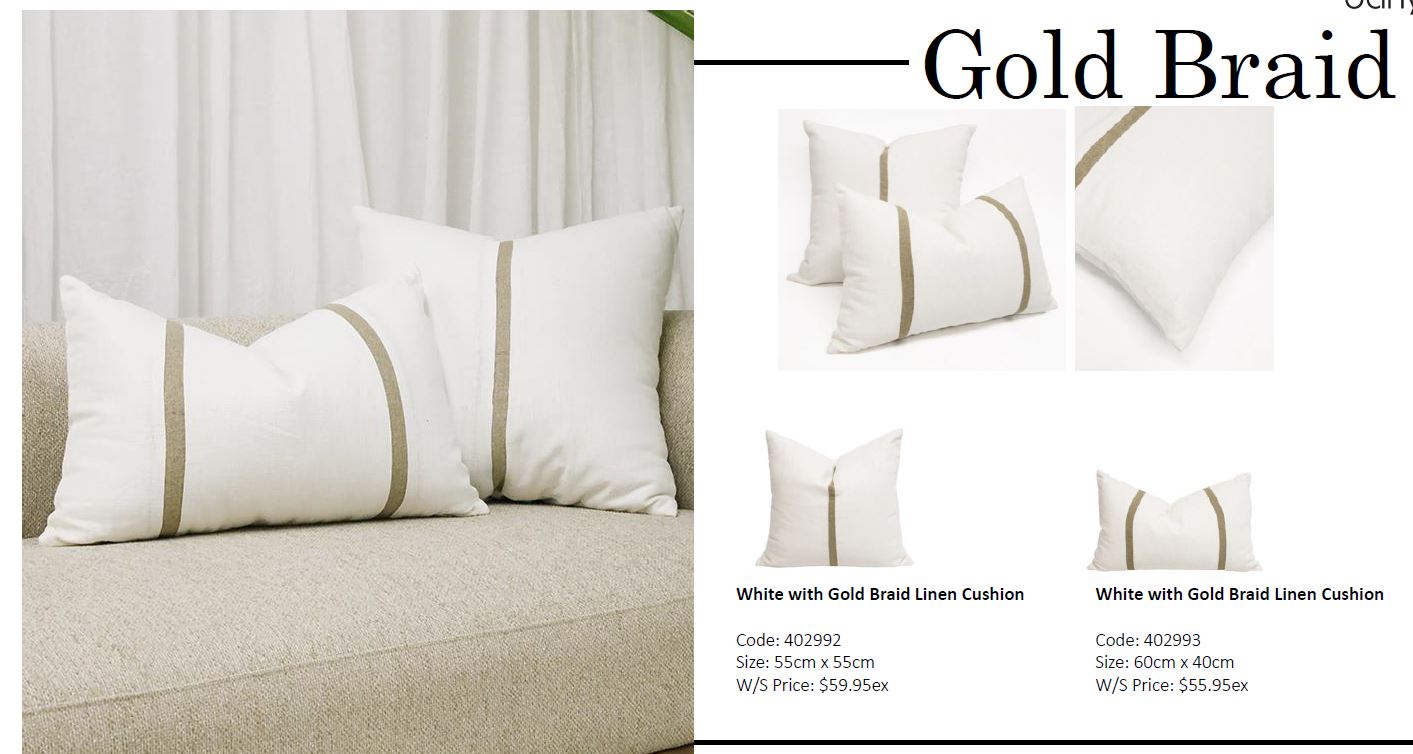 Square Artisian Linen Cushion With Gold Braid 55X55CM