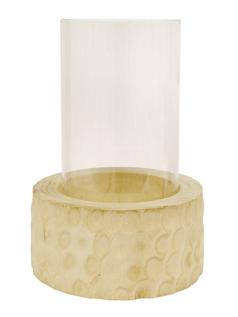 Ripple Carved Wood & Glass Candle Holder Natural 30CM