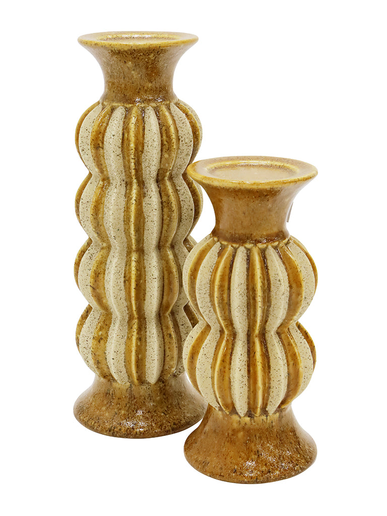 Pia Ceramic Candle Holder Mustard & Natural Short 12X28CM