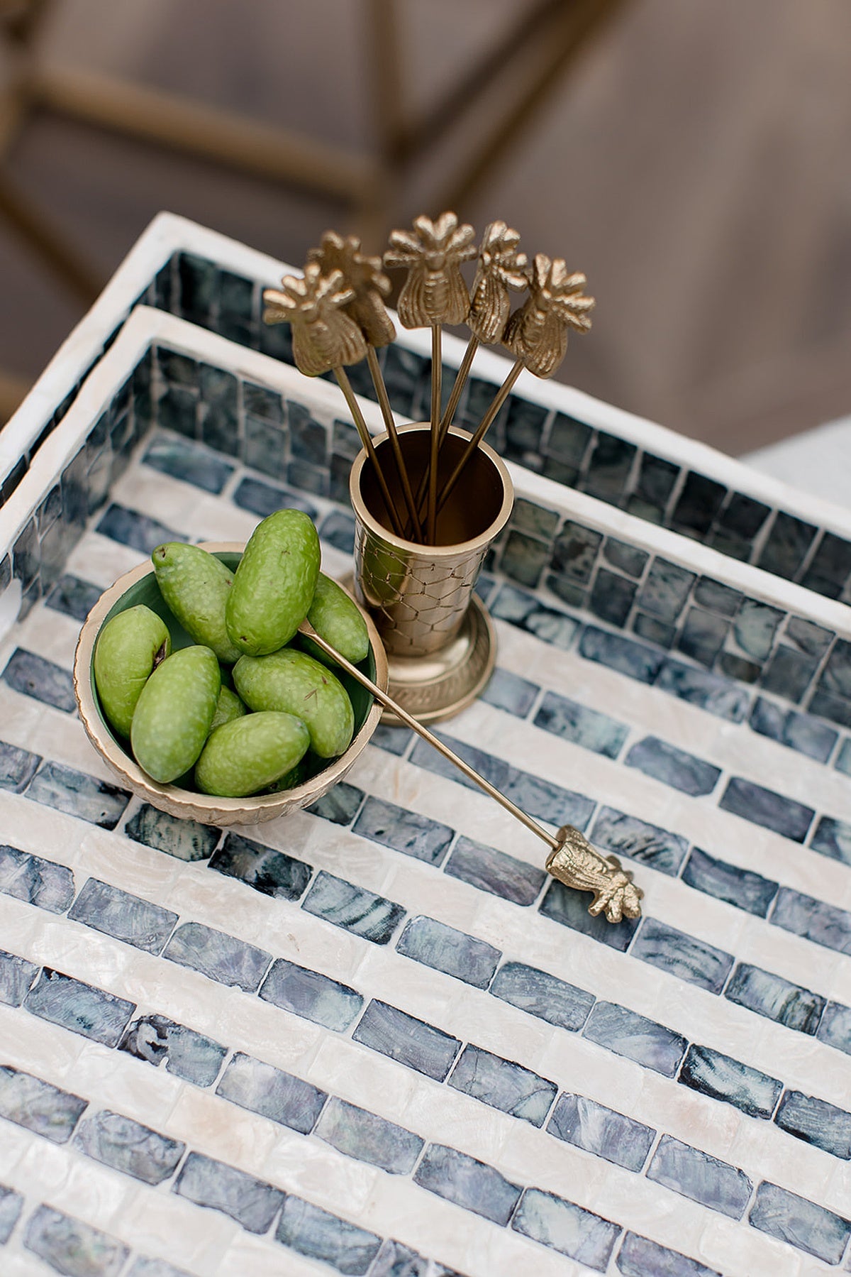 7 Piece Bee Brass Fruit pick set with Utensil Holder