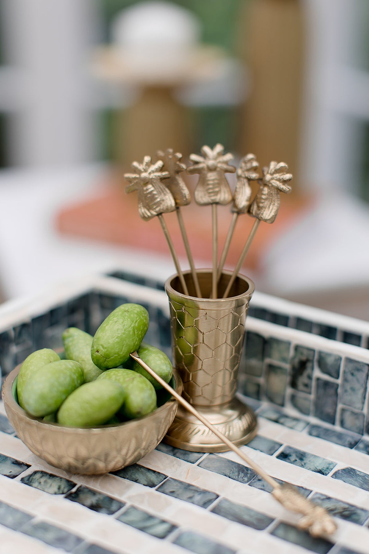 7 Piece Bee Brass Fruit pick set with Utensil Holder