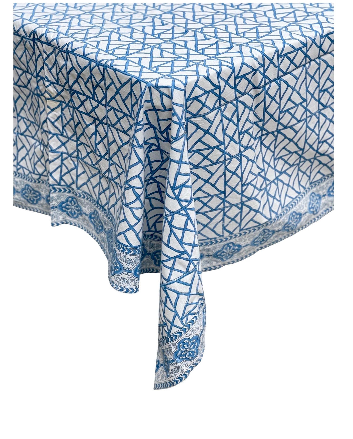 Hand Block Printed Cotton Tablecloth Lattice Blue 180cm x 280cm