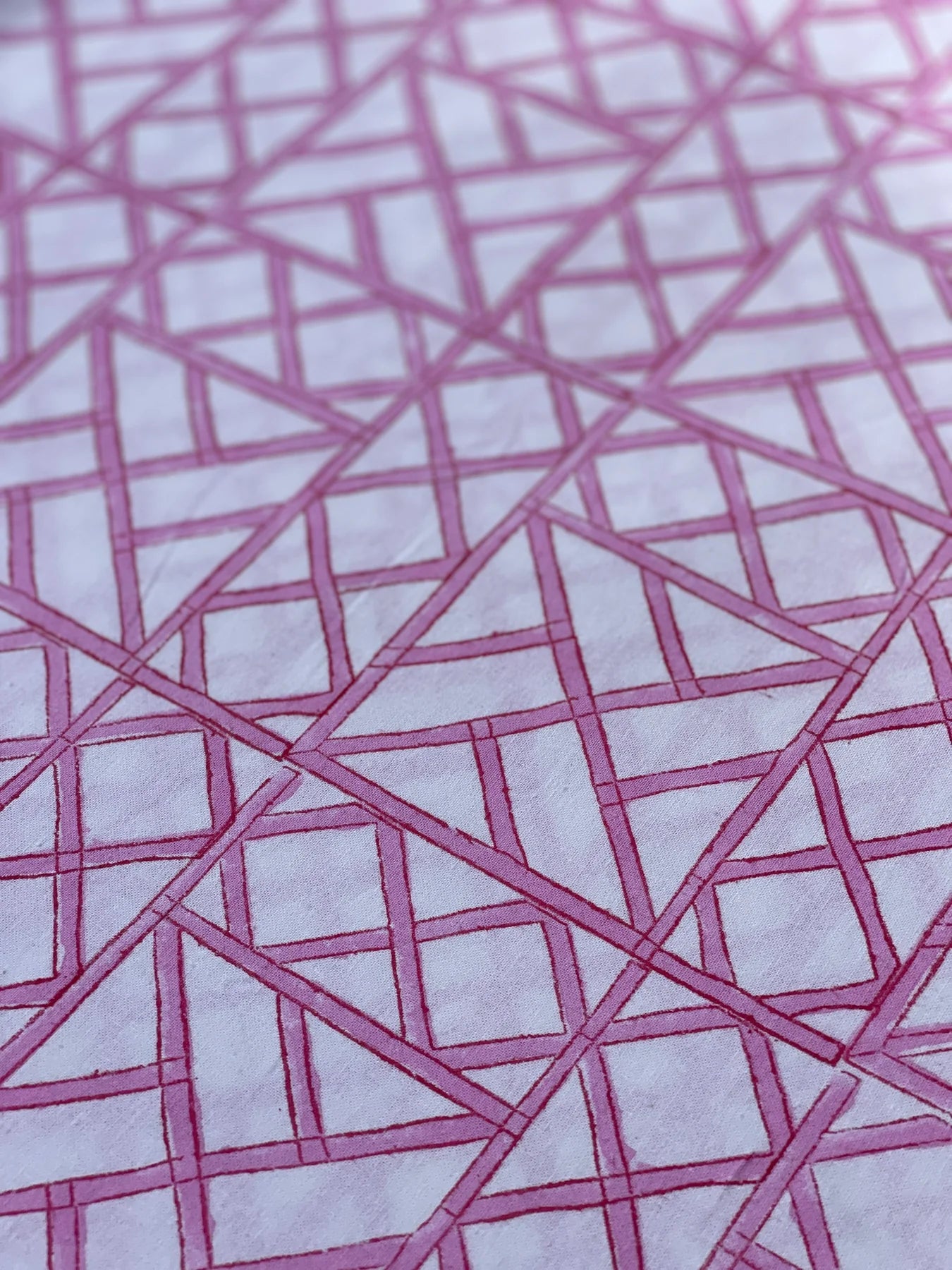 Hand Block Printed Rectangular Cotton Tablecloth Lattice Pink 180cm x 280cm