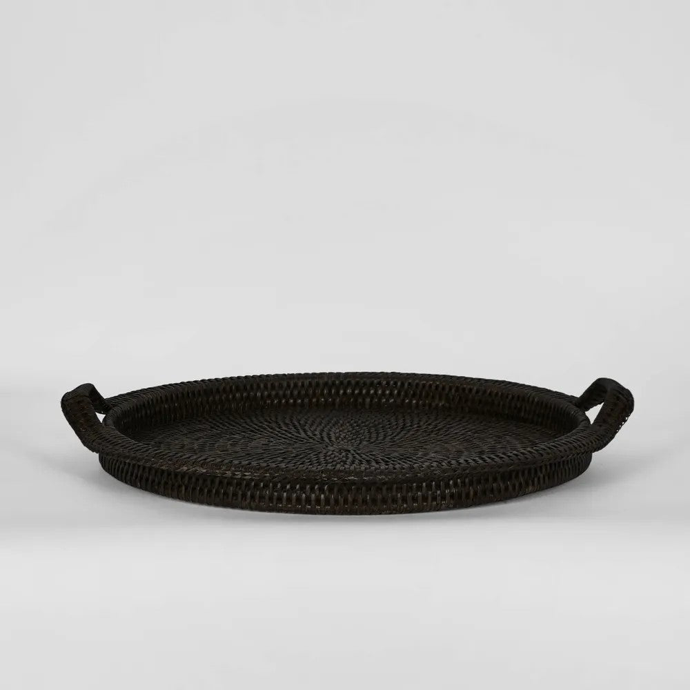 Paume Rattan Round Serving Tray with Handles Black