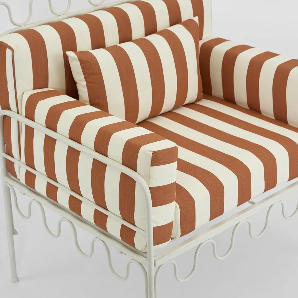 Wira Arm Chair Outdoor Iron Terracotta/White Stripe Cushions PRE ORDER ETA 08/10/2025