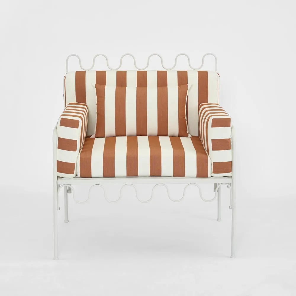 Wira Arm Chair Outdoor Iron Terracotta/White Stripe Cushions PRE ORDER ETA 08/10/2025