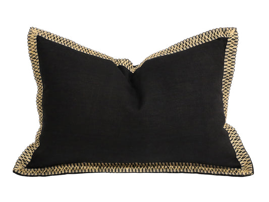 Black Rectangular Artisan linen & jute cushion w microfiber fill