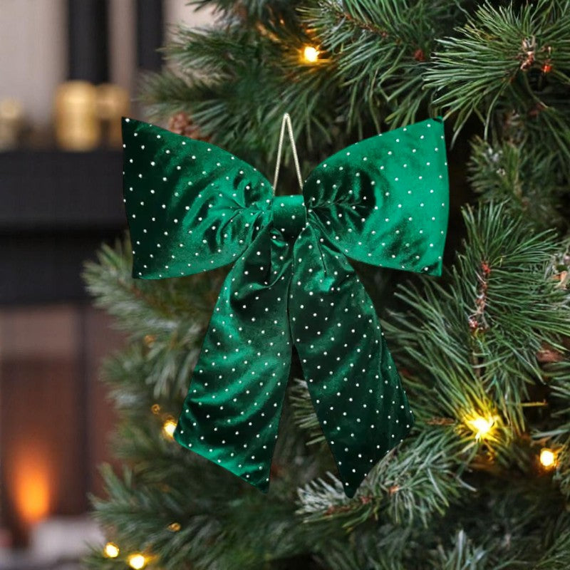 Set of 2 Christmas Hanging Bow W/Dots Velvet 30x34cm Green