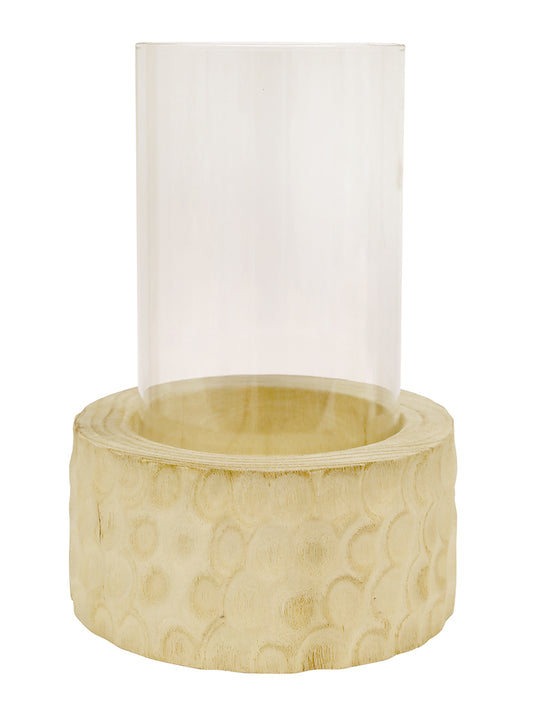 Ripple Carved Wood & Glass Candle Holder Natural 30CM