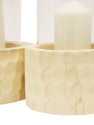 Ripple Carved Wood & Glass Candle Holder Natural 30CM