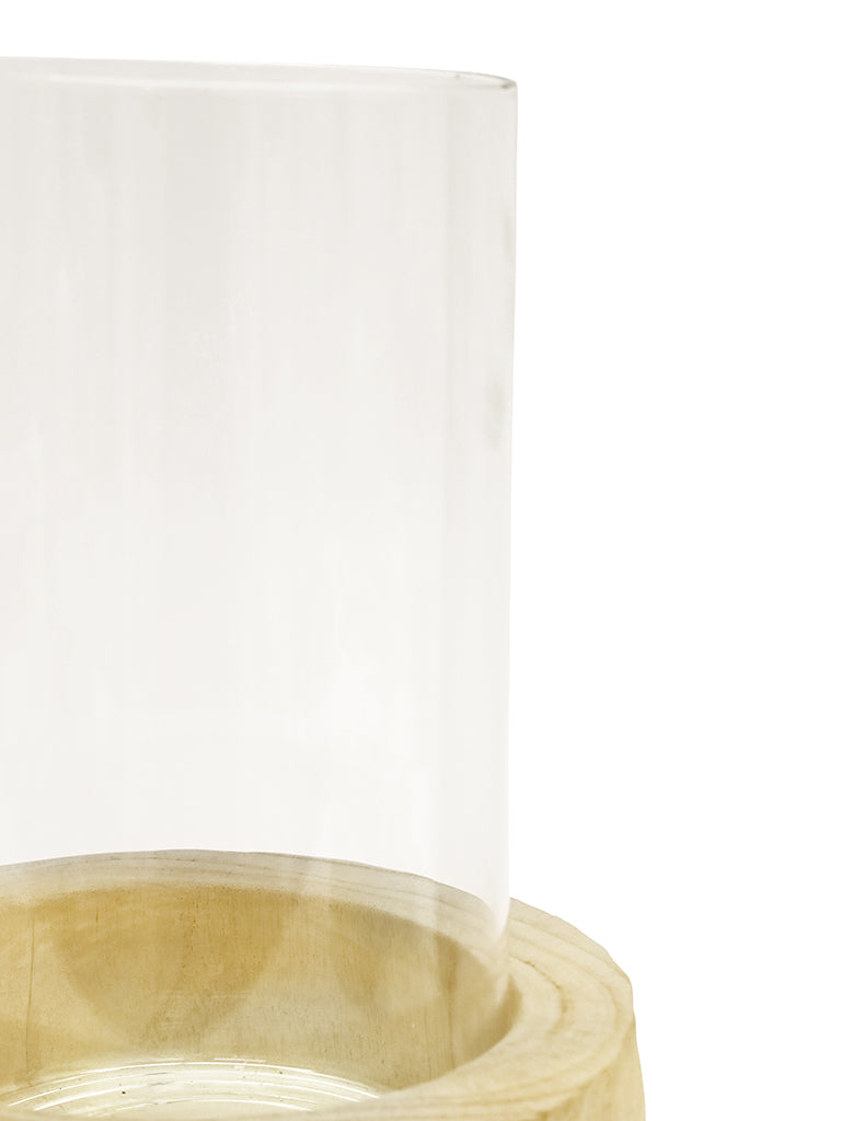 Ripple Carved Wood & Glass Candle Holder Natural 30CM