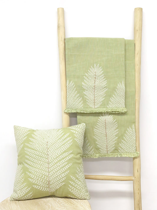 Laguna Embroidered Linen Table Runner Sage & Natural 220X35CM