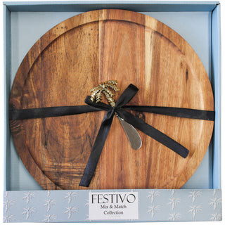 Acacia Round Wooden Serving Board with Palm Spreader  34 x34 x3.55