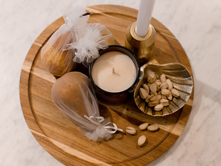 Acacia Round Wooden Serving Board with Palm Spreader  34 x34 x3.55