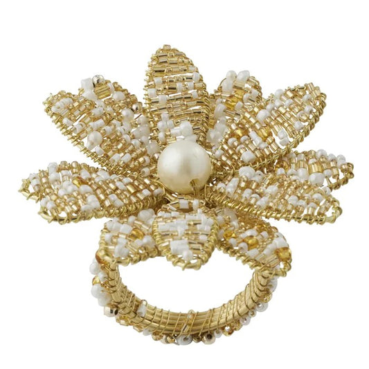 Set of 4 Beaded Magnolia Napkin Ring Acryl 9x9cm Gold