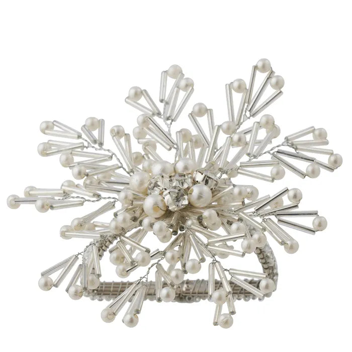 Set of 4 Beaded Pearl Napkin Ring Acrylic 10x10cm Silver