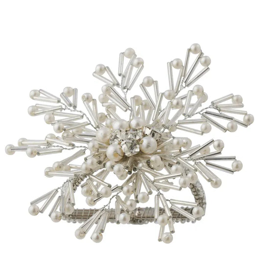 Set of 4 Beaded Pearl Napkin Ring Acrylic 10x10cm Silver