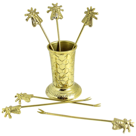 7 Piece Bee Brass Fruit pick set with Utensil Holder