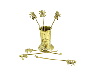 7 Piece Bee Brass Fruit pick set with Utensil Holder