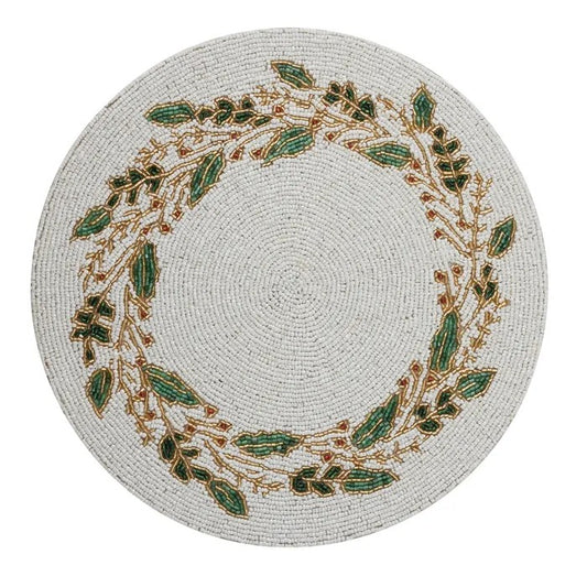 Set of 4 Glass & Acry Beaded Christmas Placemat 36cm Whi/Green