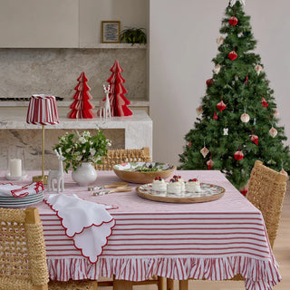 Set of 4 Scallop Edge White Red Cotton Festive Table Napkins