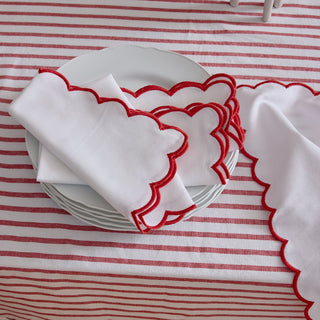 Set of 4 Scallop Edge White Red Cotton Festive Table Napkins