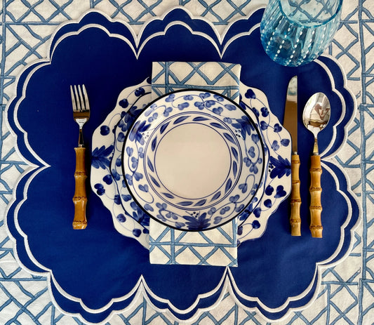 Set of 6 hand block printed lattice - blue cloth napkins