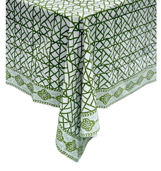 Hand Block Printed Cotton Tablecloth Lattice Green 180cm x 280cm