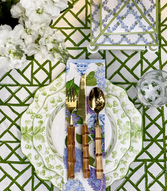Hand Block Printed Cotton Tablecloth Lattice Green 180cm x 280cm