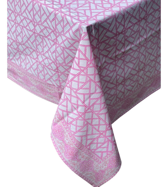 Hand Block Printed Rectangular Cotton Tablecloth Lattice Pink 180cm x 280cm