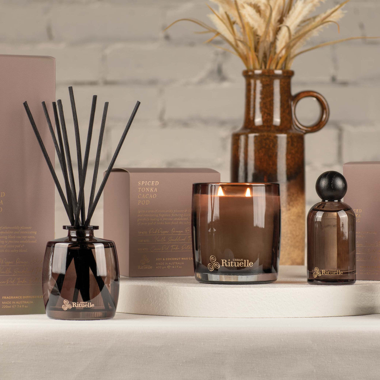 Urban Rituelle- Set/3 Spiced Tonka Cocoa Pod Candle & Fragrance Gift Set