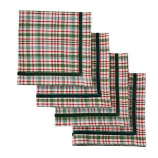 Set of 4 Checkered Green/Red Cotton Napkins With Velvet Trim