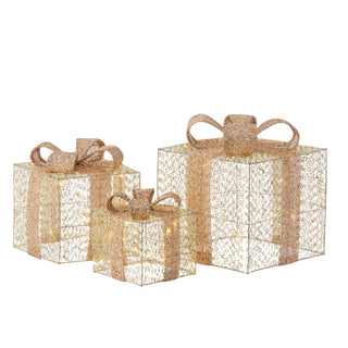 3 Piece Gold Christmas LED Gift Boxes Display With Bow