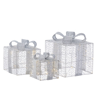 3 Piece Silver Christmas LED Gift Boxes Display With Bow