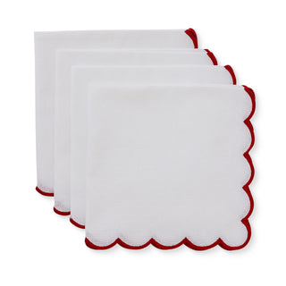Set of 4 Scallop Edge White Red Cotton Festive Table Napkins