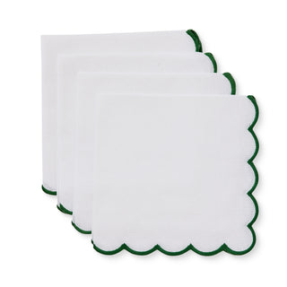 Set of 4 Scallop Edge White Green Cotton Festive Table Napkins