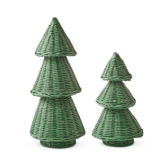 Green Rattan Christmas Pine Tabletop Trees Set of 2
