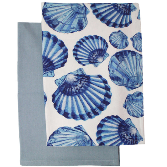 Set of 2 blue shell kitchen tea towels