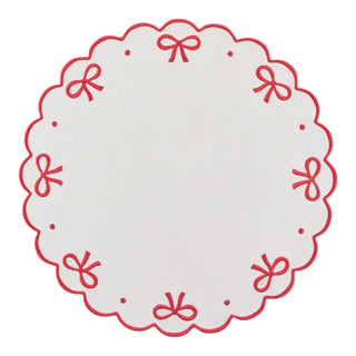 Christmas Wavy Bow Fabric Placemat Round White & Red 38cm