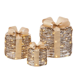 Christmas Gold Round Rattan Set of 3 Giftboxes With Lights & Bow