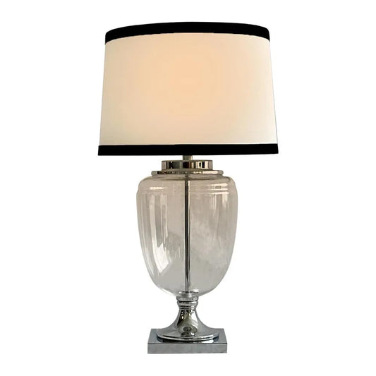 Charlotte Glass and Nickel Lamp with White Linen Shade (Black Trim)