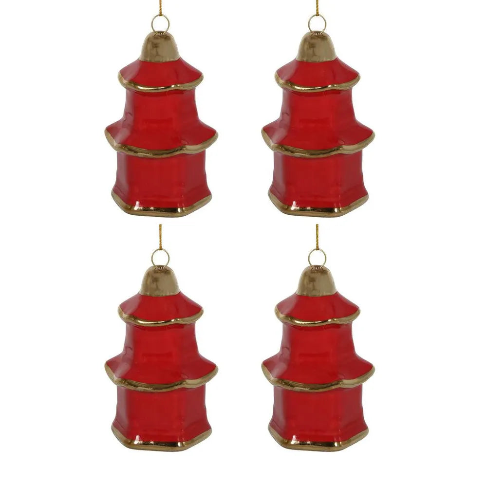 Pagoda Hanging Christmas Ornaments Box of 4 Red