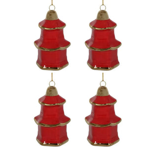 Pagoda Hanging Christmas Ornaments Box of 4 Red