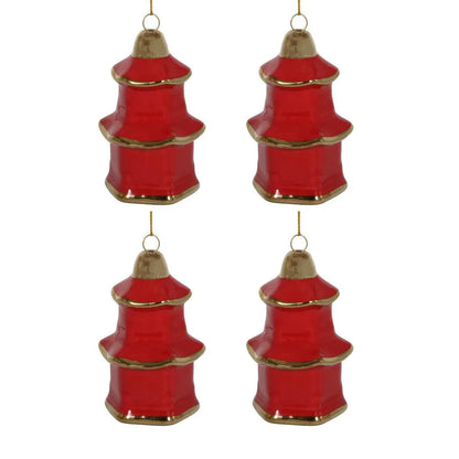Pagoda Hanging Christmas Ornaments Box of 4 Red