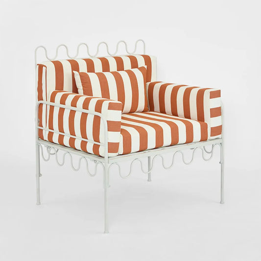Wira Arm Chair Outdoor Iron Terracotta/White Stripe Cushions PRE ORDER ETA 08/10/2025