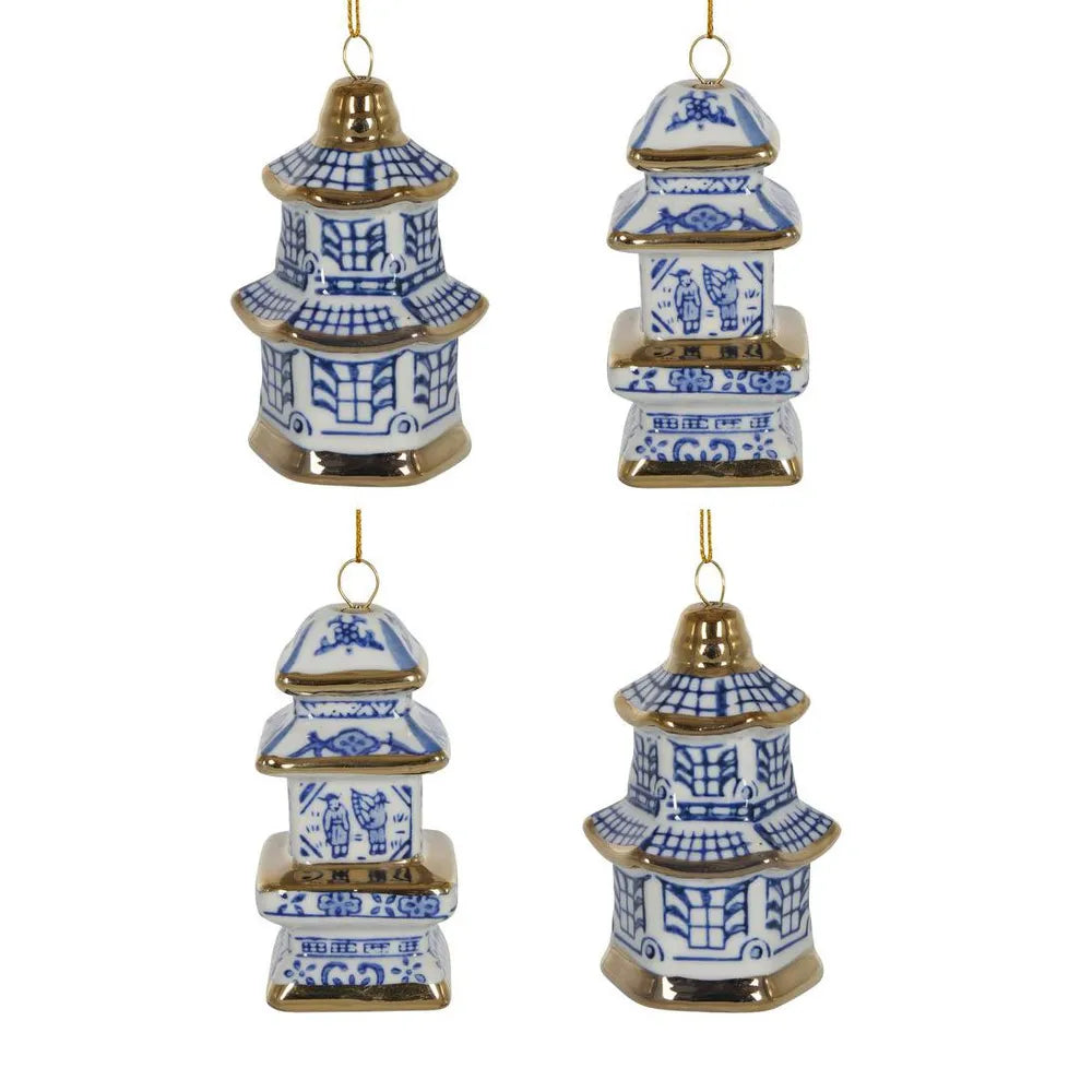 Chinoiserie Pagoda Hanging Christmas Ornaments Box of 4