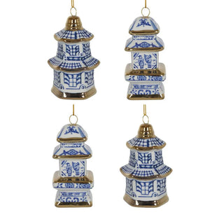 Chinoiserie Pagoda Hanging Christmas Ornaments Box of 4