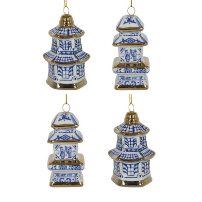 Chinoiserie Pagoda Hanging Christmas Ornaments Box of 4